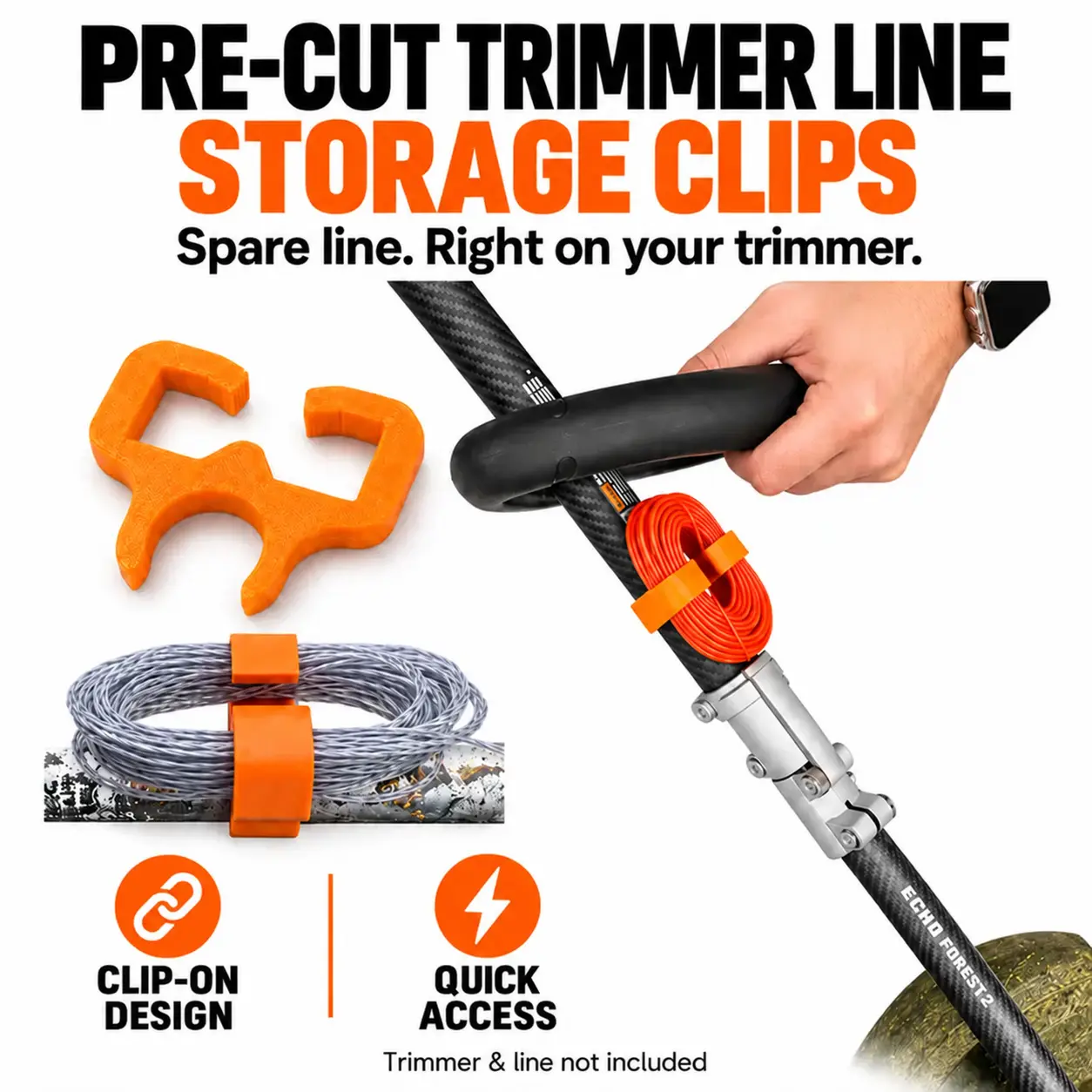 3D Printed Trimmer Line Storage Clips - Clip-On Quick-Access Shaft Clamp Garage Organization Accessory, 2 Tangle-Free Coil Secure Holders for String Trimmers & Landscaping Tools