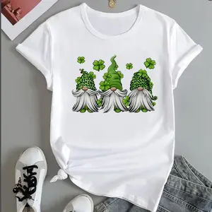 For Youself- Christmas Gnome Print T-Shirt Women's Casual Crew Neck Short Sleeve Fitted Top Soft Fabric Regular Fit Street Style