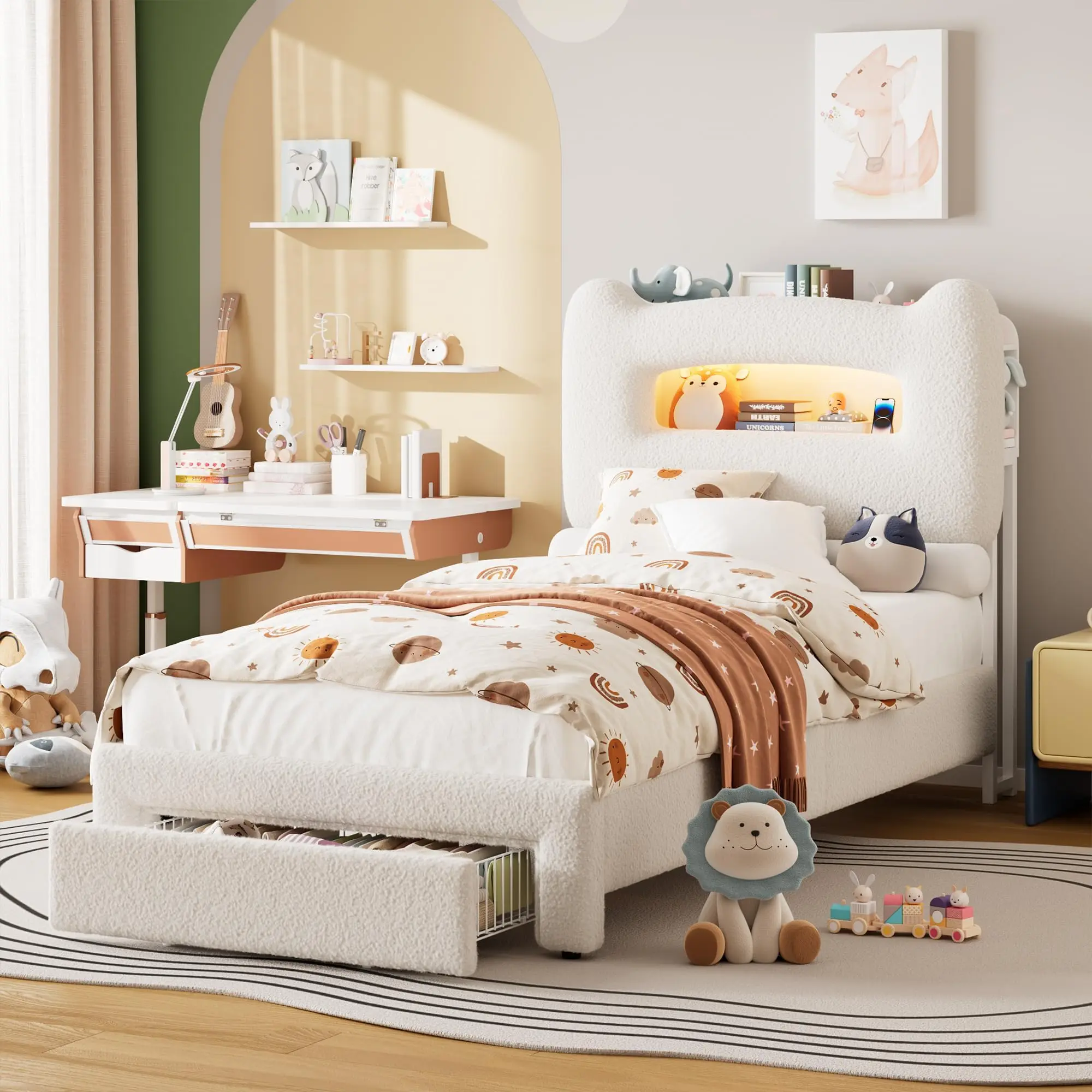 Garvee and Garvee Upholstered Bed Frames with 2-Tier Storage Headboard, LED Lighting, Charging Station, Drawer, Metal Support, No Box Spring Needed, Available in Twin, Full, and Matrimonial Sizes, Various Colors, Bed Frame With Drawers, Modern Bed Frame