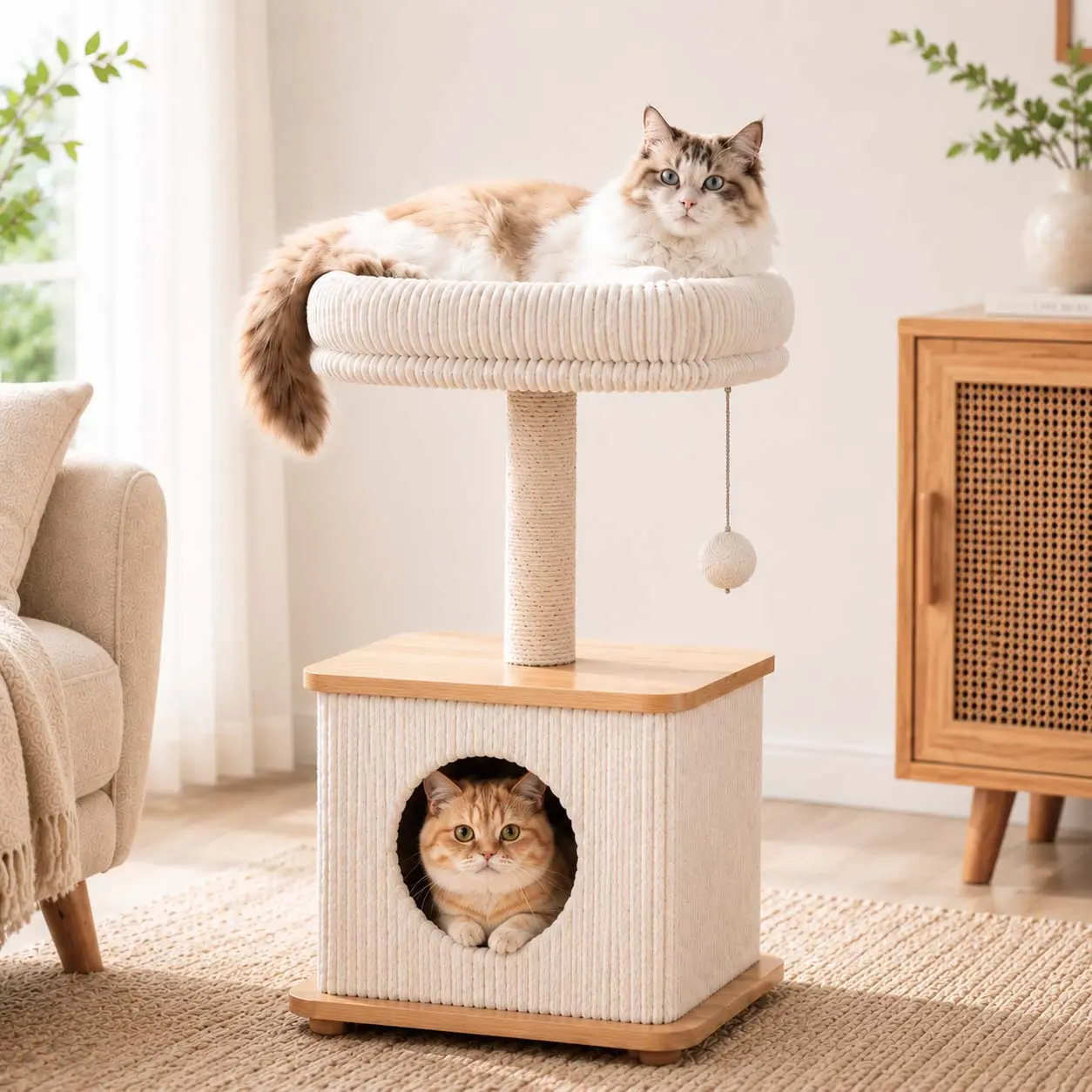 Cat Tree for Indoor Cats, Wooden Cat Tower with Cozy Condo, Plush Top Perch, Sisal Scratching Post and Hanging Ball Toy, Modern Space-Saving Cat Furniture