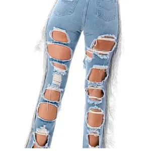 Silver Fringe Highwaist Denim Jeans Cut Out