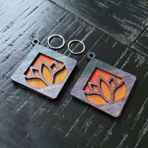Reversible Wooden Earrings Wear Multiple Ways Square Lotus Design
