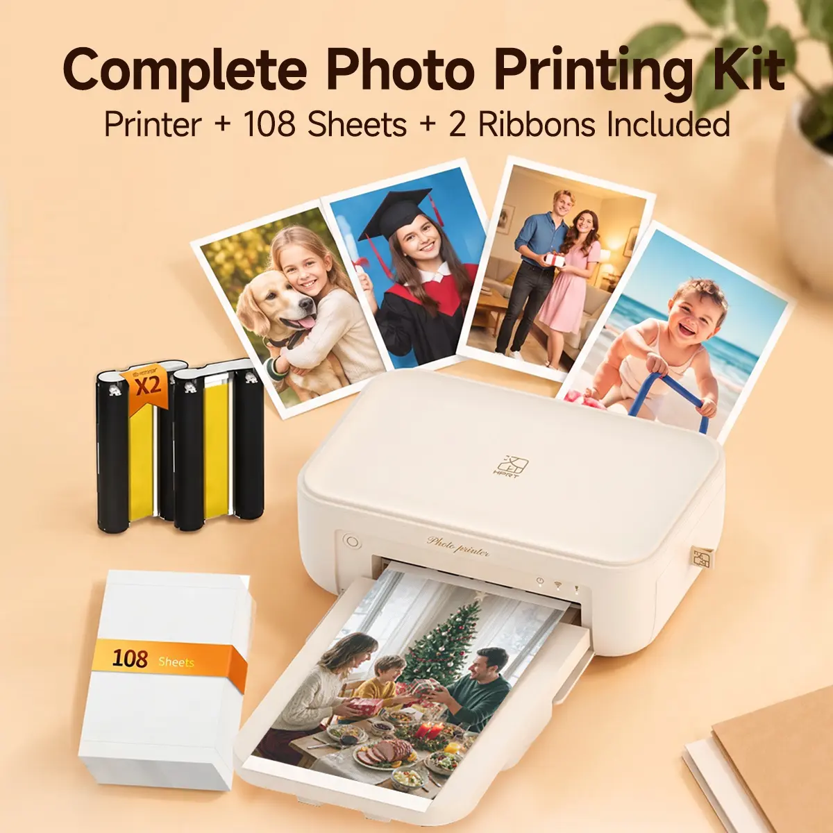 HPRT 4x6 Wireless Portable Handheld Dye Sublimation Printer Kit - Beige, Instant Print with 108 Sheets & 2 Ribbons, AR Video Capability, Compatible with iPhone & Android