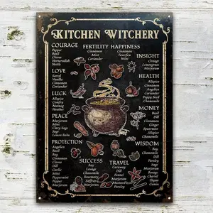 Witch Kitchen Witchery Metal Sign Vintage Rust Styled House Decor Witches Magic Knowledge Kitchen Blessing Incense Artwork Tin Signs For Bar, Black, 8 x 12 Inch Industrial Gothic Traditional Vintage Witch House Iron Sign Antique
