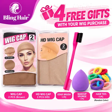 [Not For Sale] Bling Hair Wig Accessories Gift Set, Wig Caps, HD Wig Caps, Edge Brush, Makeup Sponge & Hair Tie, 4 Types of Wig Essentials
