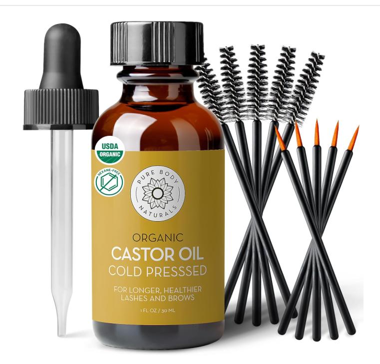 Pure Body Naturals Castor Oil for Eyelashes and Eyebrows - 1 Fl Oz Nourishing Brow & Lash Growth Serum - Organic, Hexane Free, Cold Pressed, Unrefined - Eyelash and Eyebrow Growth Serum for Women