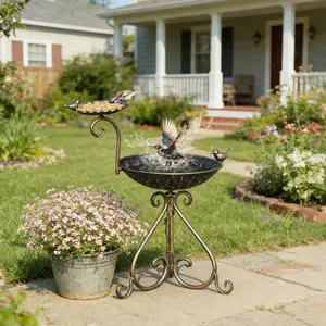 Bird Baths for Outdoors, Free-Standing Bird Bath and Bird Feeder 2-in-1 Design, Metal Bird Bath Stand and Bird Feeder Seed Tray for Garden Yard Decor