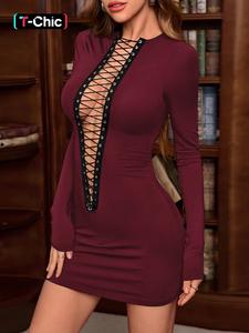women's lace up backless bodycon dress, solid long sleeve round neck mini dress for party club dating wear, ladies spring & fall clothes, womenswear