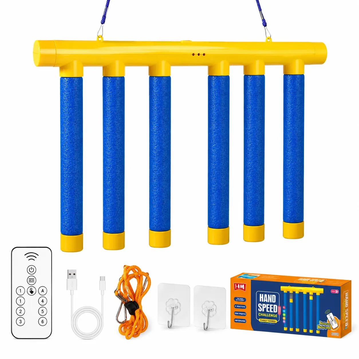 Hand Speed Challenge Game, USB Rechargeable Reaction Training Toy with Remote Control, 6 Foam Sticks Indoor Family Party Game