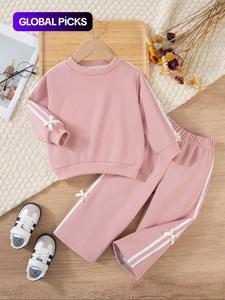 2pcs girls' solid-color set autumn and winter bow long-sleeved hoodie and wide-leg trousers cute and casual girl baby round-neck pullover top and trousers suitable for outdoor activities, casual fashion set