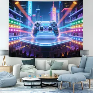 Game Theme Print Decorative Tapestry, Neon Light Effect Game Controller, Cyberpunk City and Colorful Lighting Elements Poster Background, Bedroom Gaming Room Wall Decoration, Gift for Game Fans