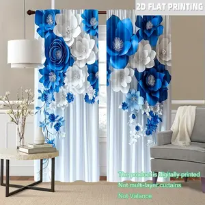 Elegant Blue Floral Polyester Curtains Set, Filter Light, Easy Installation, No Rod Needed, Suitable for Bedroom, Living Room, Office