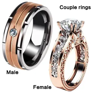 Romantic Wedding Rings for Couples Rose Gold Stripe Central Diamond Engagement Promise Rings Valentine's Day Anniversary Gift