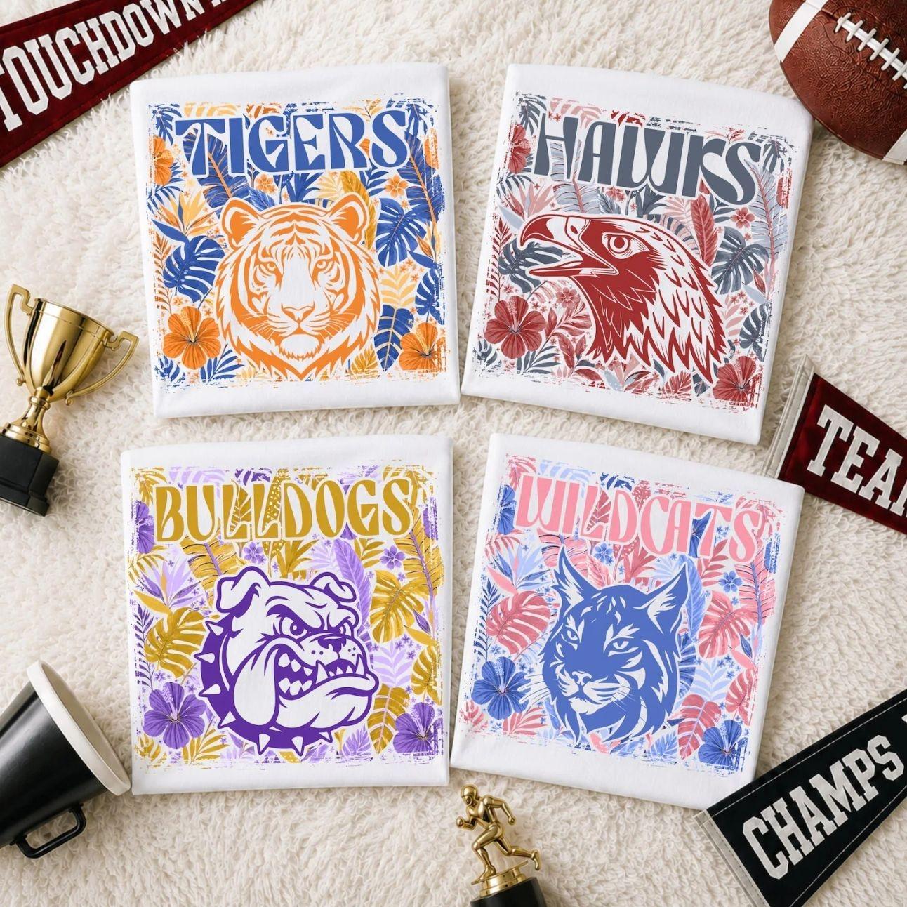Personalized School Spirit Floral Mascot Shirt, Custom Team Name Retro School Spirit Tee, Boho Game Day Football Top,  Team Pride Gift Idea