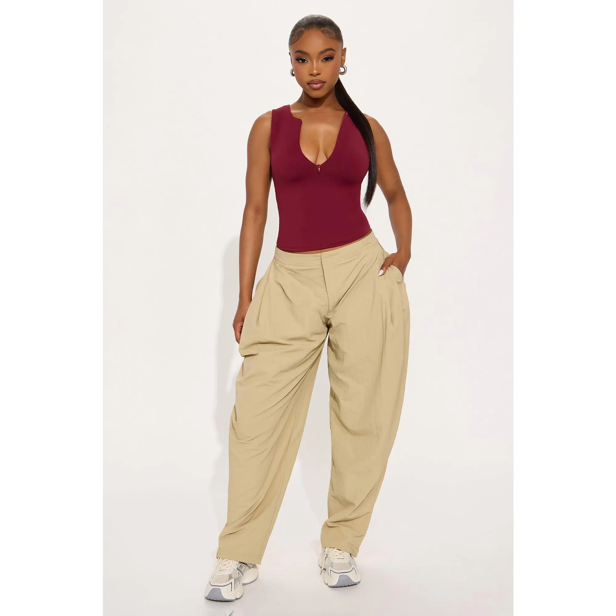 FASHION NOVA Women's Second Skin Double-Lined Zip-Front Tank Top - Wine