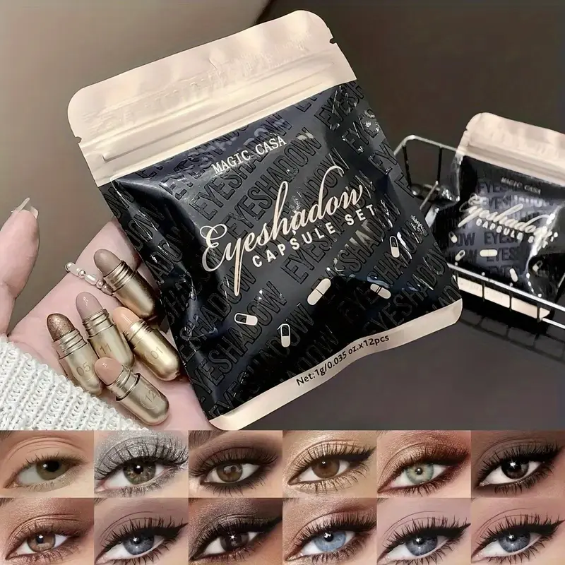 12Pcs Capsule Matte Eyeshadow Set Long Lasting Glam Makeup Waterproof Smudgeproof No Fallout Highlighter Glossy EyeShadow Pencil Suitable For Beginners Travel Cosmetic