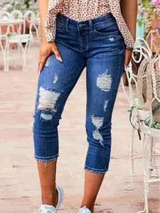 Blue Elastic Seven-Quarter Denim Jeans, Ripped Design, Butt Lifting, Waist Cinching, Slimming, Skinny Fit, Fashionable Plain Shorts