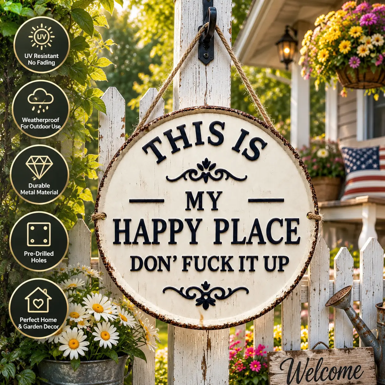 8x8 Inch Funny Metal Tin Sign, This Is My Happy Place Wall Decor, Rustic Farmhouse Hanging Sign, Vintage Home Garden Porch Decor, Outdoor Indoor Wall Art & Housewarming Gift