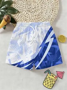 Boys Blue Gradient 3D Lightning Shorts, Summer Fashion Outdoor Sports Beach Pants, Breathable Comfortable Kids' Trunks