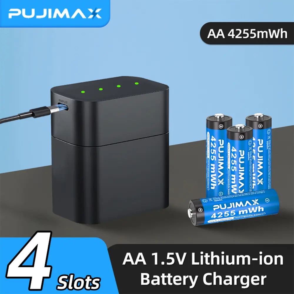 4-PCS PUJIAMX Rechargeable AA Batteries Lithium 4255mWh with Charger–High Capacity 1.5V Double a Batteries,2000+ Cycle aa Battery Cells for Remote Controls,Game Controllers,Toys,Flashlights