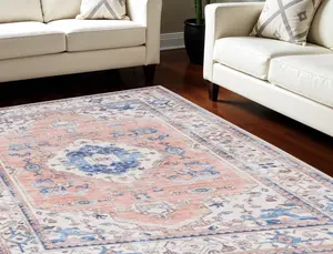 212 MAIN 8 x 10 ft. Powerloomed Transitional Floral Medallion Distressed Non-Skid Rectangle Area Rug, Coral & Beige, High Traffic, Polyester Fiber