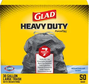 Glad ForceFlex Heavy Duty Trash Bags With Clorox, Mountain Air, 30 Gal, 50 Ct (Package May Vary)