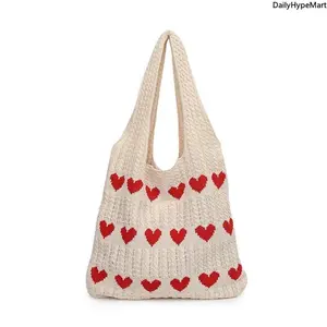 Crochet Tote Bag Heart Pattern Knitted Shoulder Bag