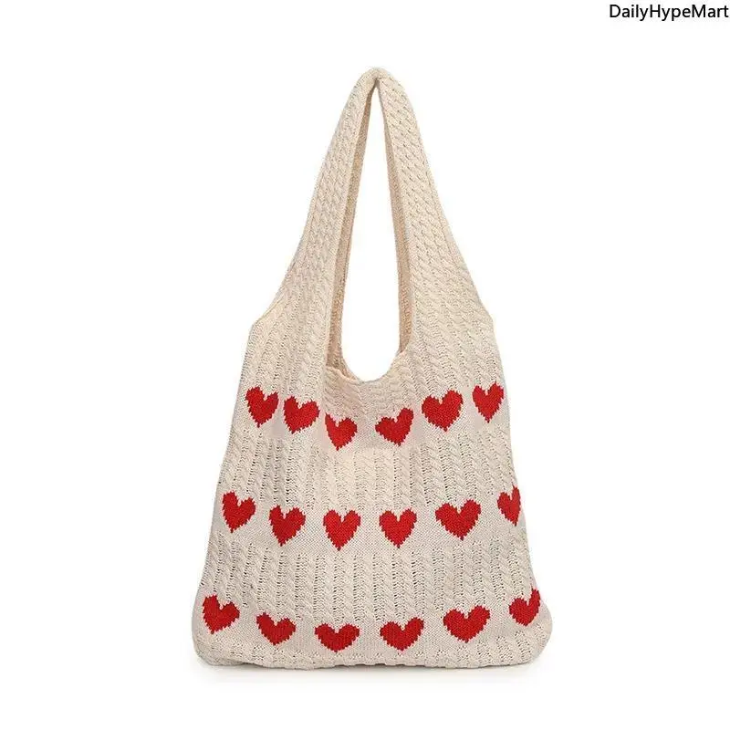 Crochet Heart Pattern Tote Bag - Knitted Shoulder Bag for Casual Everyday Use, Shopping, Casual Everyday Bag, Shopping Tote Bags