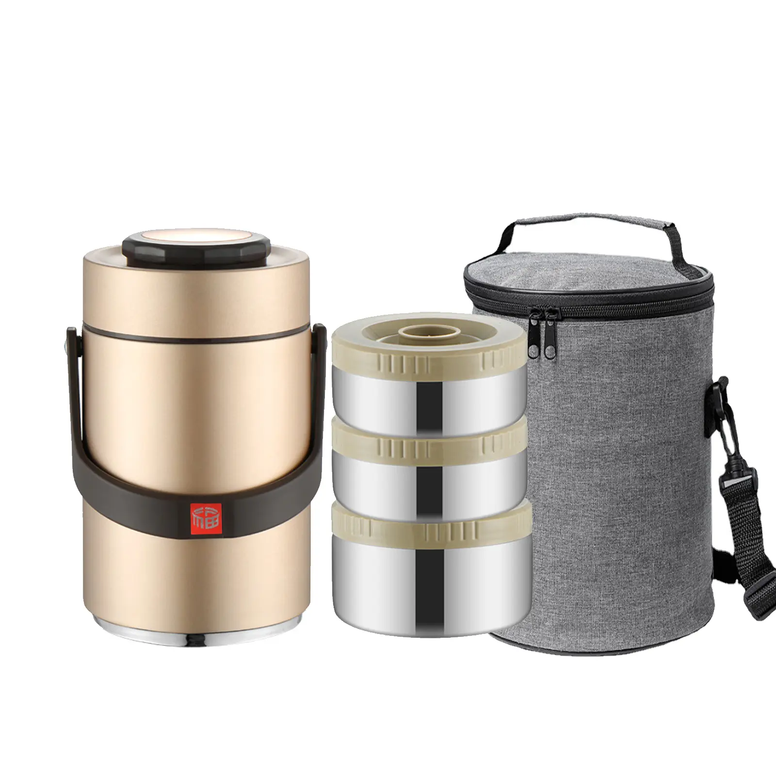 2.3L Triple-Layered Stackable Stainless Steel Insulated Food Jar Leakproof Lunch Box - Durable Tableware with Hot Meals, Salads, Fruit Silicone Containers, Lid, Gold Insulated Bag, Flask-Canister Combo for School, Food Storage