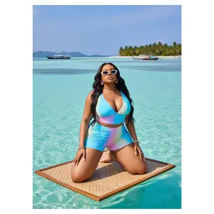Plus Size Swimsuit Women Gradient Color Plunge V Neck Bathing Suit Two Piece Swim Sets High Waist Swim Shorts Tummy Control Beachwear 14W-26W