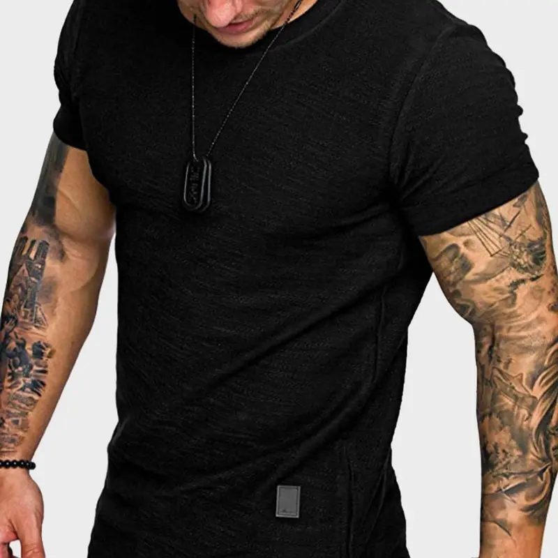 Men's Regular Fit Patched Round Neck Basic Classic Stretch Jersey Tee, Casual Short Sleeve Fitted T-shirt for Summer, Menswear for Daily Wear, Streetwear