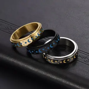 Stainless Steel Luminous Moon and Star Rotating Ring Fingertip Gyroscope Ring with Gold Black and Silver Options