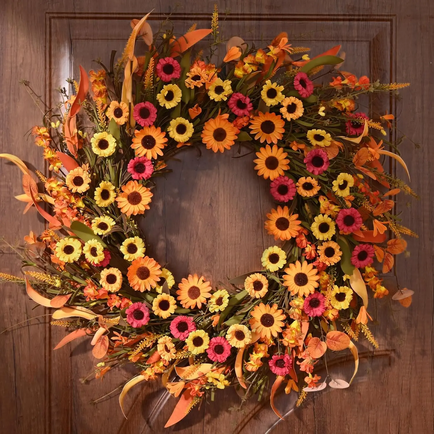 22-Inch Fall Front Door Wreath with Daisy, Lavender, Fall Leaves - Home Porch, Room, Indoor & Outdoor Thanksgiving Harvest Farmhouse Festive Decoration