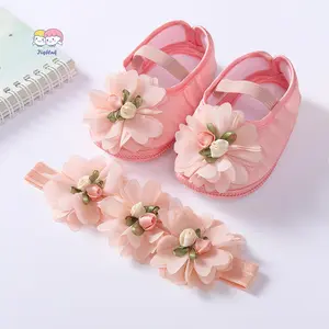 Baby Girls Shoes, Soft Sole Flower Crib Shoes Elastic Band Non-slip Toddler Shoes with Headband Shower Favors
