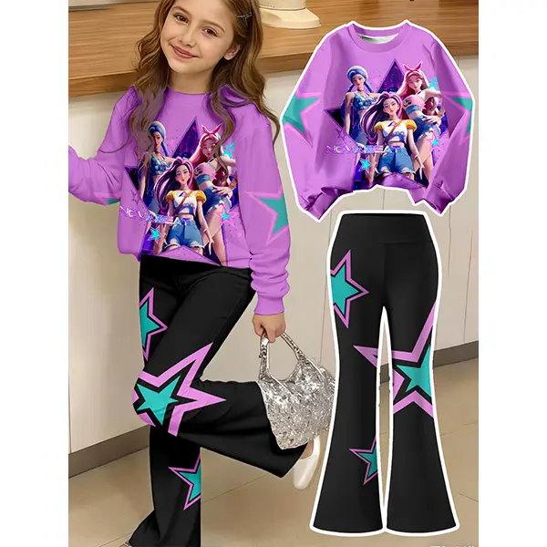 1 Set Tween Girls' Fashion K-POP NOVA BEAT Letter,Star & Cool Girl Graphic Pink Hoodie,Flare Pants Set,Black Pink,Autumn,Casual,School,Back-To-School