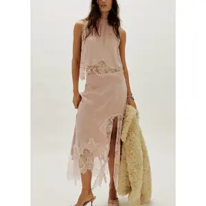 Womens Summer 2 Piece Outfits Sleeveless Mock Neck Lace Patchwork Vest Tops and Irregular Hem Long Skirt Set