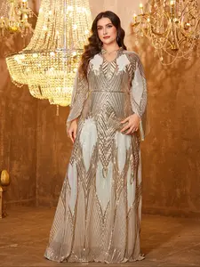Elegant Long Formal Evening Dress Womenswear with Stand Collar, Flared Sleeves, Sequins Patchwork Design, Fitted, Perfect for Special Occasions