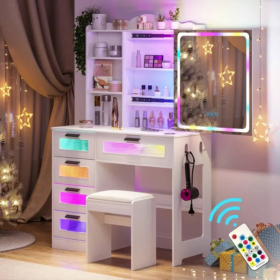 Vanity Desk, Makeup Vanity With Lights And Sliding Vanity Mirror, Makeup Desk With Charging Station, Vanities Dressing Table With Stool,Vanity Set With Large Drawers&Shelves For Bedroom