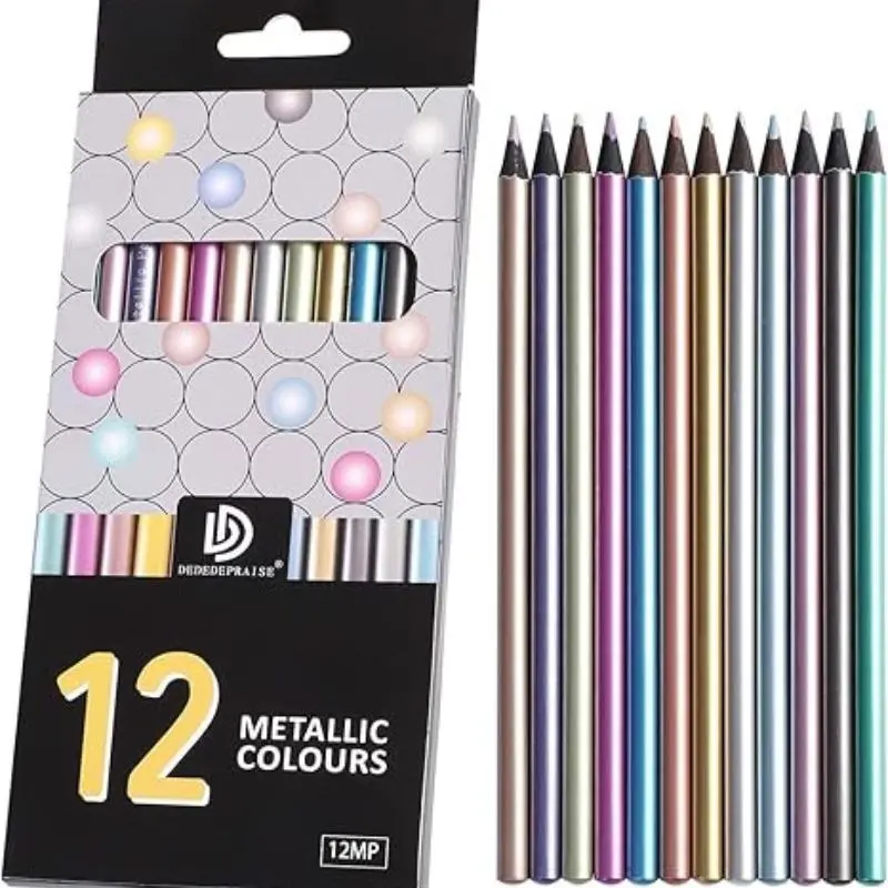 Metallic Colored Pencil Set, 12pcs/set Assorted Coloring Pencil Set, Glitter Drawing Pencils, Vibrant Graphic Pencils for Art Drawing Sketching Writing, Wood