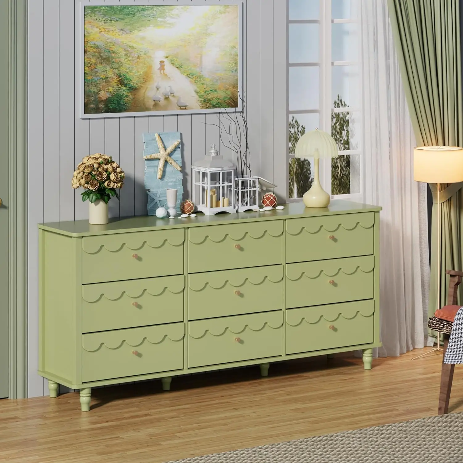 Anbuy 9 Drawer Dresser for Bedroom Green, Long Scalloped Chest of Drawers, Modern Wide Organizer Storage with Drawers, Fluted Petal Pattern Large Storage Cabinet, Living Room, Porch - TikTok Shop Anbuy 9 Drawer Dresser for Bedroom Green, Long Scalloped Chest of Drawers, Modern Wide Organizer Storage with Drawers, Fluted Petal Pattern Large Storage Cabinet, Living Room, Porch - TikTok Shop