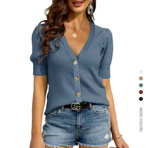 Danedvi Lady's Cute Skinny Fitted V-Neck Ribbed Knit Sweater - Puff-Balloon Short Sleeve Lightweight Pullover Shirts, Casual Outdoor Summer Womenswear Top