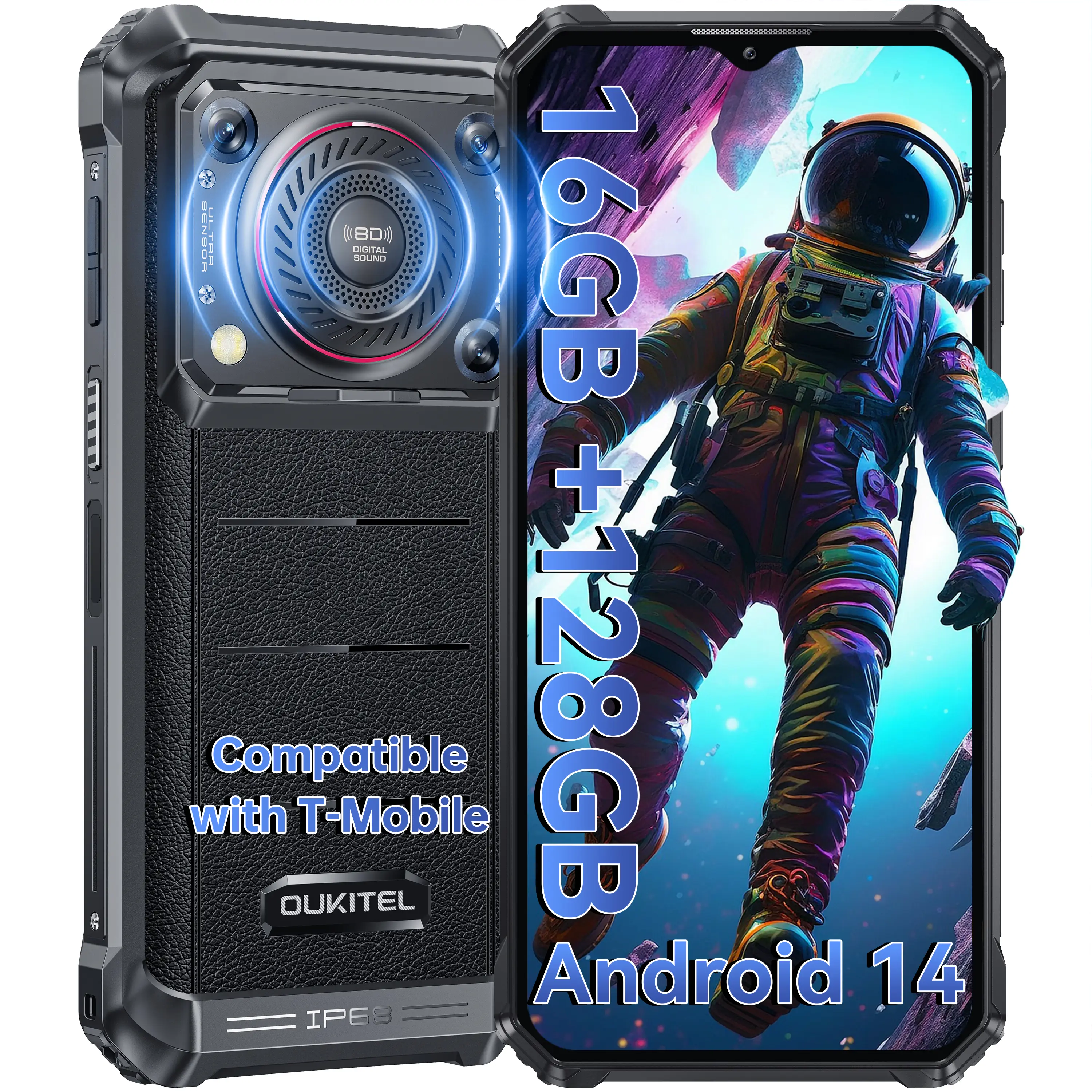 OUKITEL WP36 4G Rugged Smartphone - 10600mAh/15W Fast Charging, 16GB+128GB Unlocked Rugged Phone, 128dB Loud Speaker, Android 14, 13MP+5MP Camera, NFC