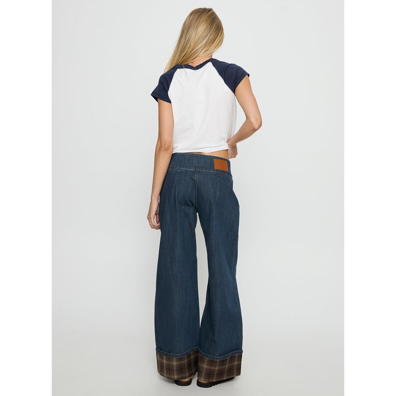 Nikoletta Foldover Jeans Dark Wash / Check