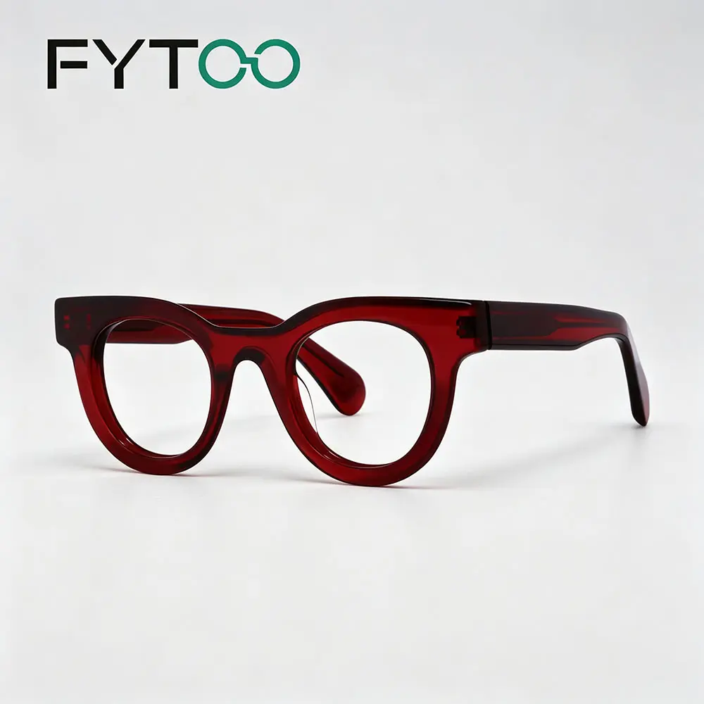 FYTOO Transparent Burgundy Cat Eye Acetate Glasses, Chunky Retro Statement Eyeglasses