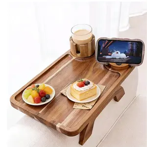 Couch Arm Tray, Acacia Wood Sofa Arm Rest Table Clip on Wide Armrest,Folding Anti Slip Couch Armrest Table with 360° Rotating Phone Holder for Snacks,Drinks,Remotes