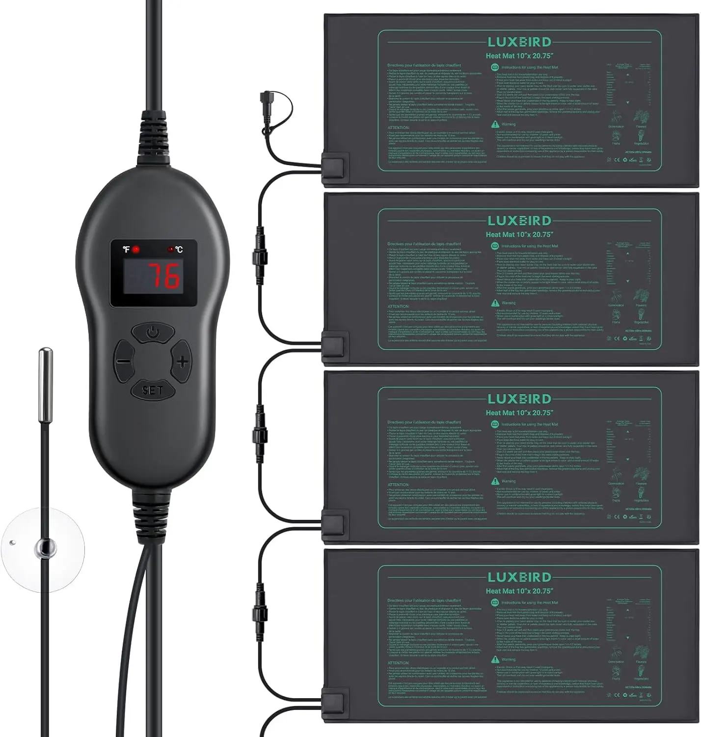 LUXBIRD 4 Pack Seedling Heat Mats with Digital Thermostat Controller, 10" x 20.75" Waterproof for Seed Starting, Germination, Hydroponics, Brewing, Breeding, Greenhouses (LB-HT04) Plant Growing Set Pot