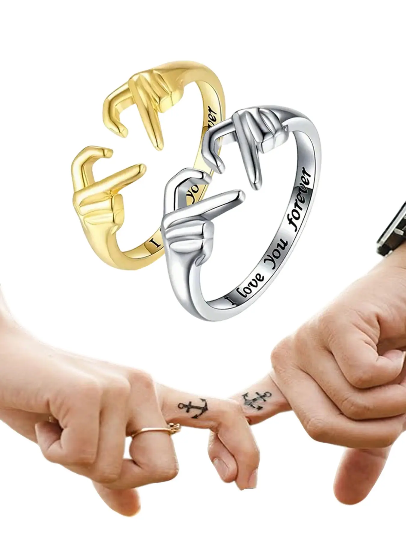 "I Love You Forever" Engraved Heart-Hand Embrace Couple Ring, Adjustable Band Claddagh Inspired Promise Ring, Heart Themed Jewelry, Heart Promise Rings, Romantic Gift for Valentine & Christmas, Keepsake for Long-Distance Partners & Best Friends