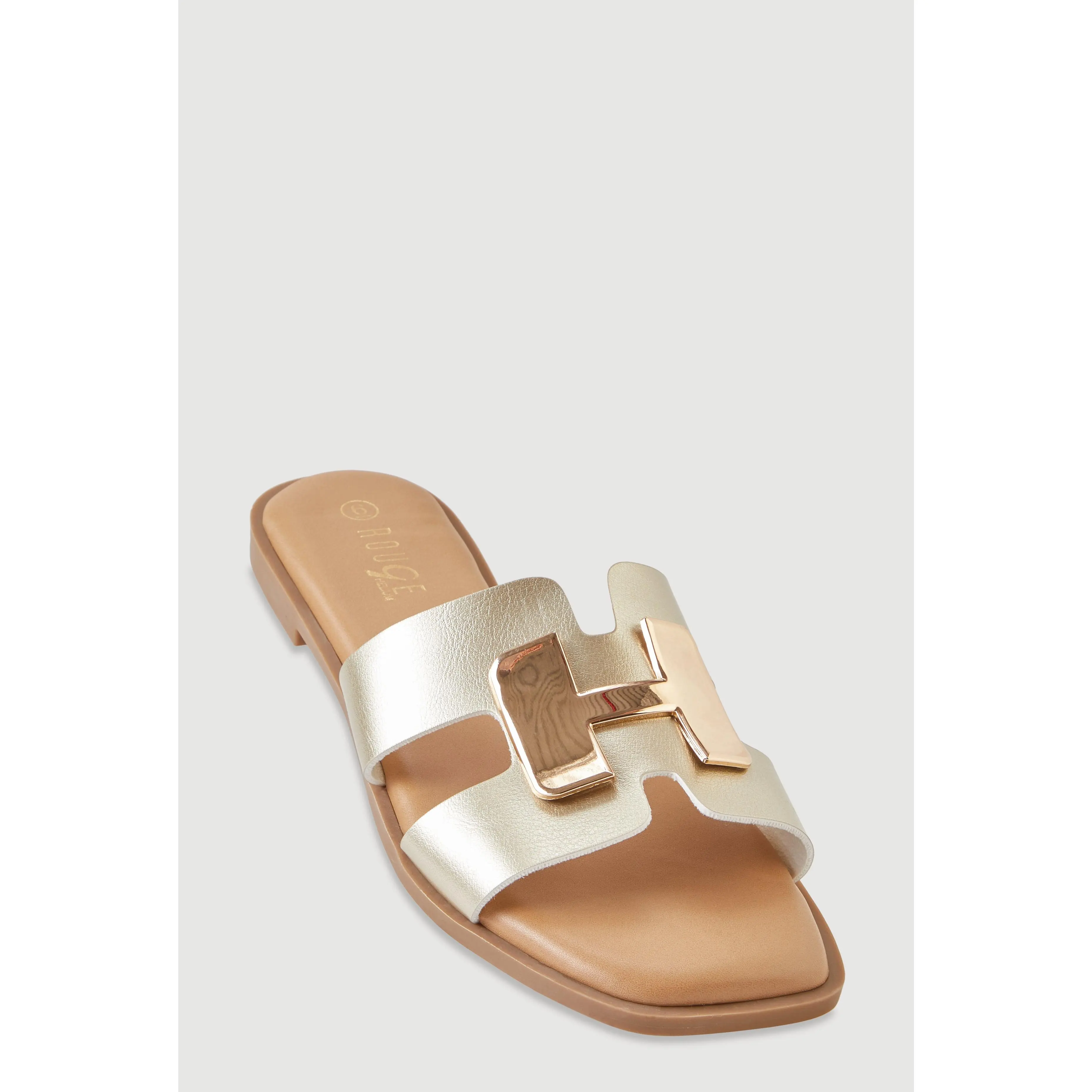 Metallic Pendant Cutout H Band Slide Sandals