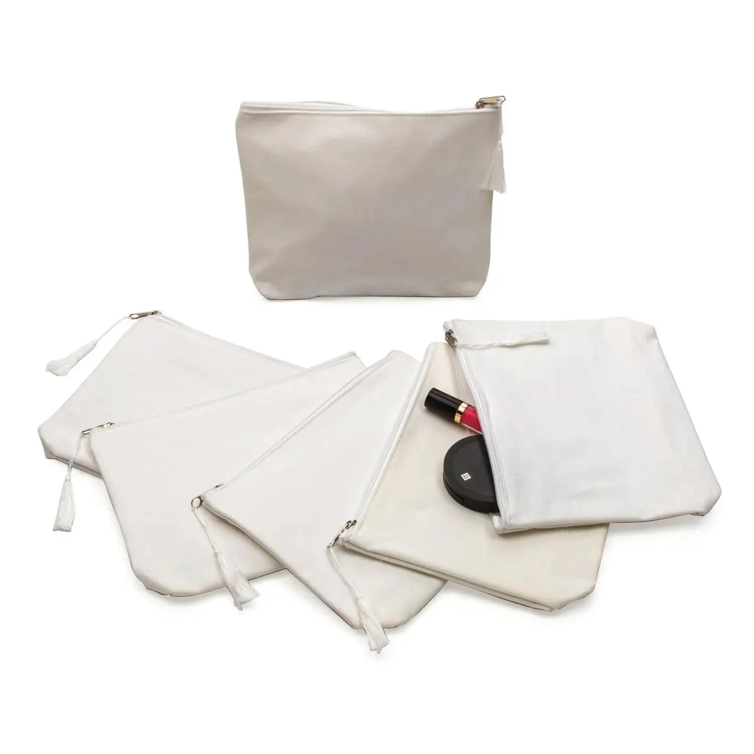 DIY White Cotton Sublimation Blank Cosmetics Bag Set - 6 Pc Portable Vanity Pouch, Beading & Jewelry Making DIY Supply, Makeup Bag Set