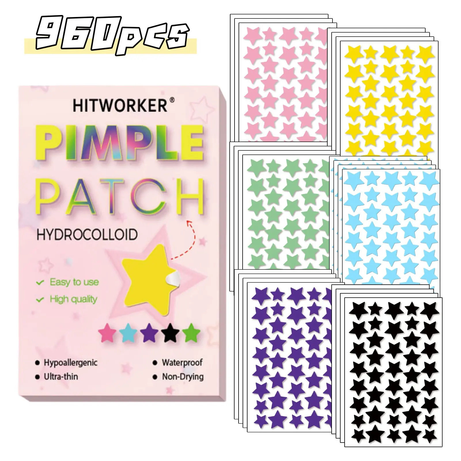 Facial Hydrocolloid Acne Patch Pack, Cute Star-Shaped Blemish Spot Stickers, Alcohol-Free, Odorless, Gentle Non-Irritating Acne Clearing Skincare Tool for All Skin Types